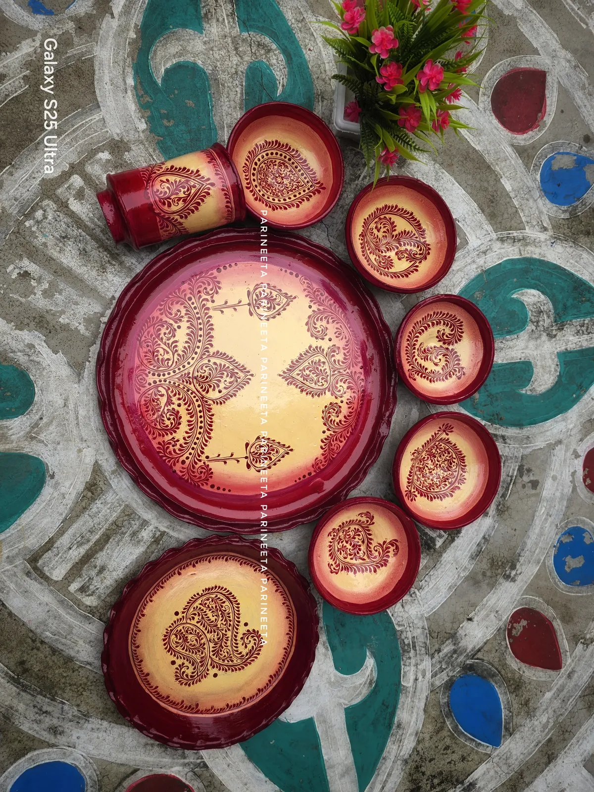 Matir Thala Set (মাটির থালার সেট), hand-painted by Parineeta